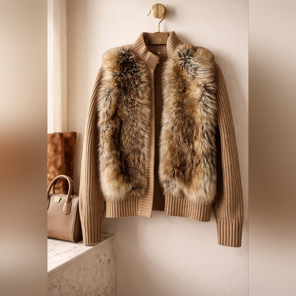Michael Kors Ribbed Knit Cardigan with Luxe Faux Fur Panels | Camel Brown ✨️🦊 - Picture 2 of 10